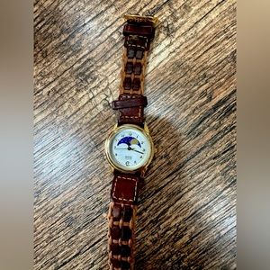 Vintage Guess Moon Phase Watch Women Gold Tone Date Brown Fossil Band